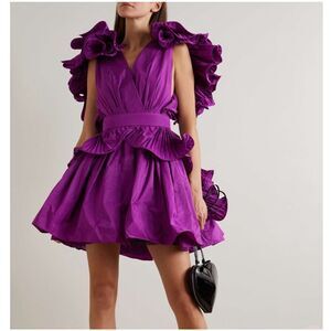 Avara Mini Dress Ruffle Small Collar Pleated Purple V-Neck Sylvia Sleeveless
